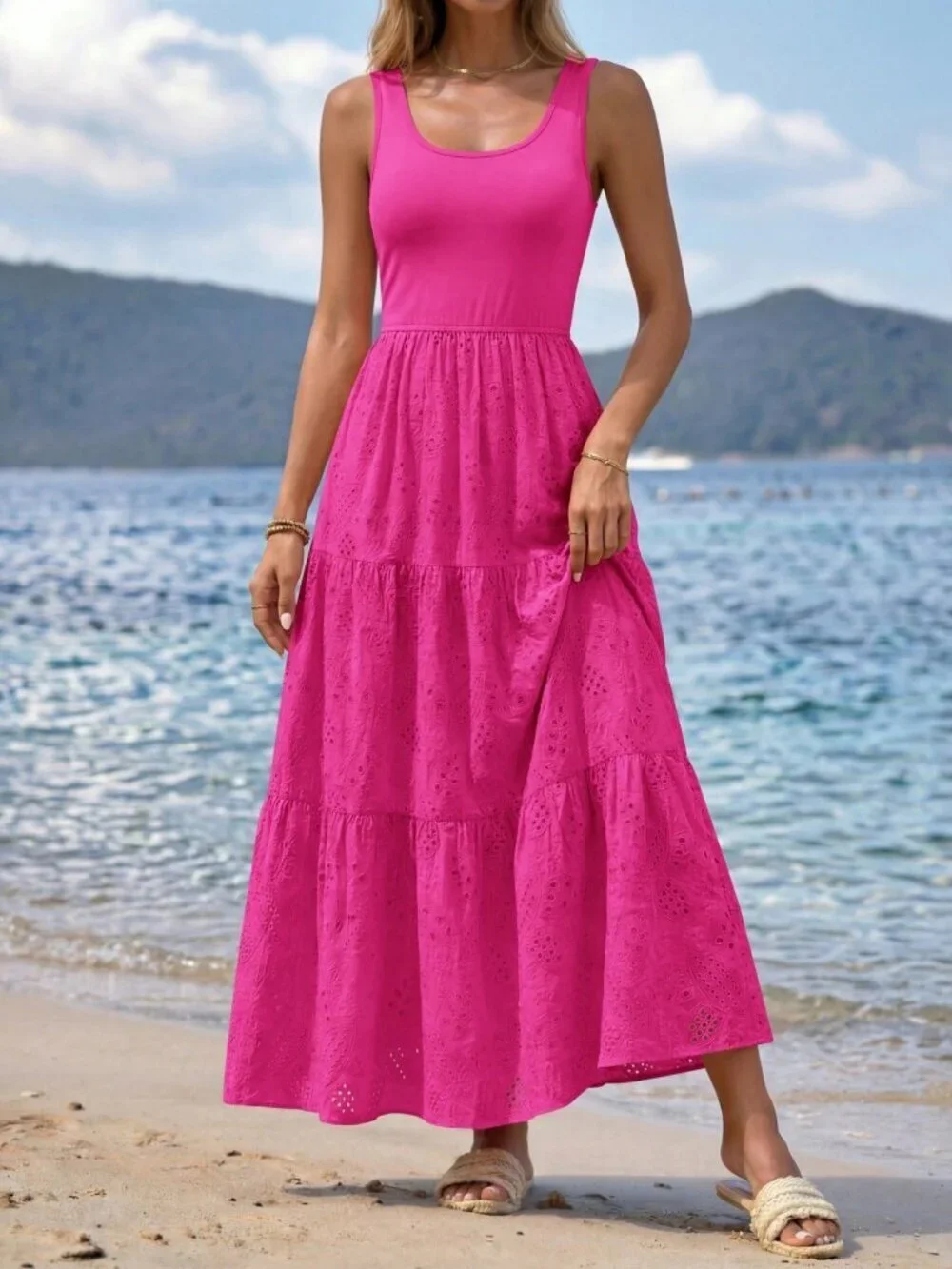Hot Pink Casual Women's Sleeveless A-Line Tiered Maxi Dress Beach